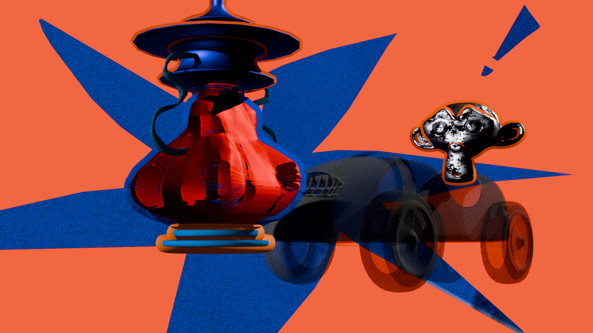 A red vessel, translucent vehicle, and monkey-head model against orange with blue graphic forms