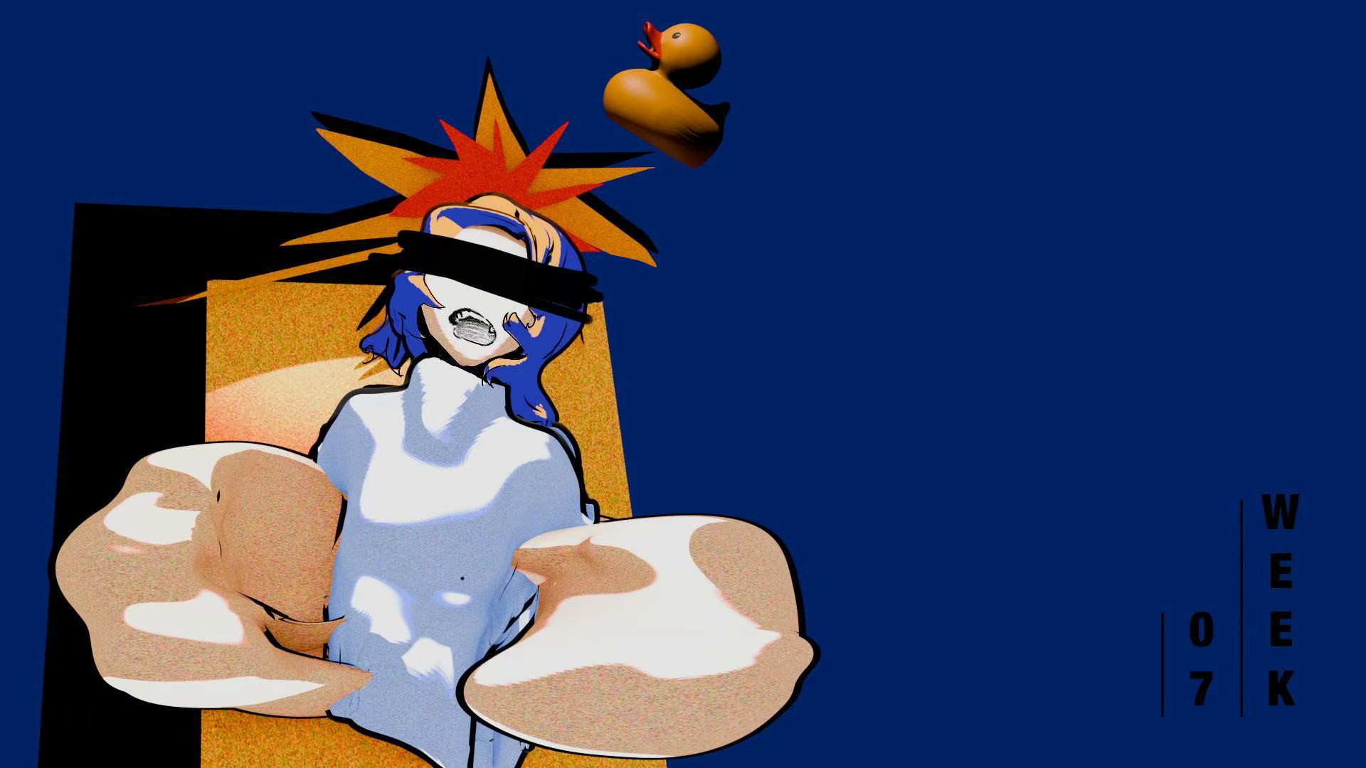 Character render on deep blue with a seated figure among pale forms and an orange duck above