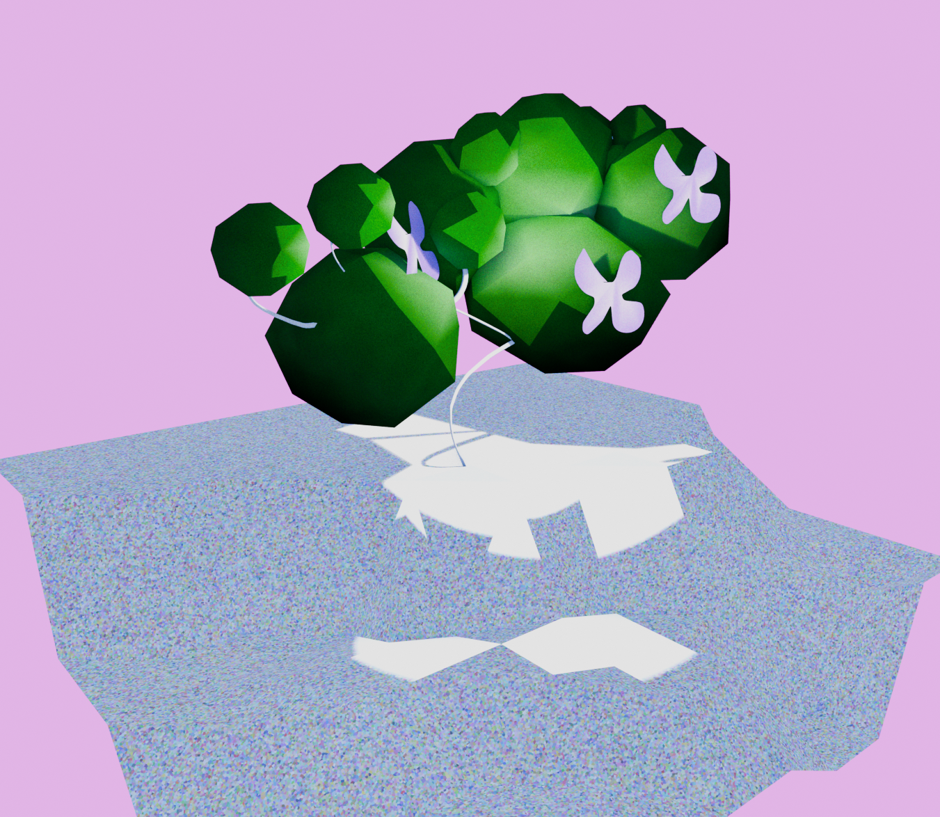 Low-poly green plants with white flowers in a pink space, casting pale leaf shadows