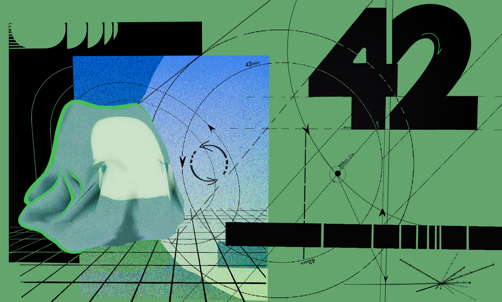 Green diagrammatic composition with a translucent figure, perspective grids, orbits, and a large 42