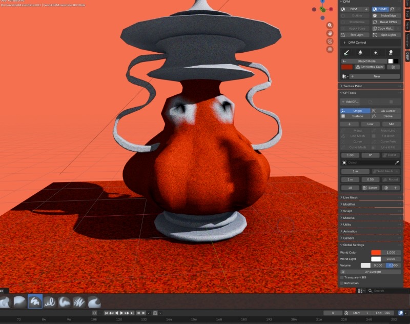 Blender interface showing a red organic vessel model with pale curved structures