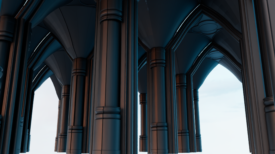 3D Gothic interior with vaulted arches and rows of columns opening onto a bright sky