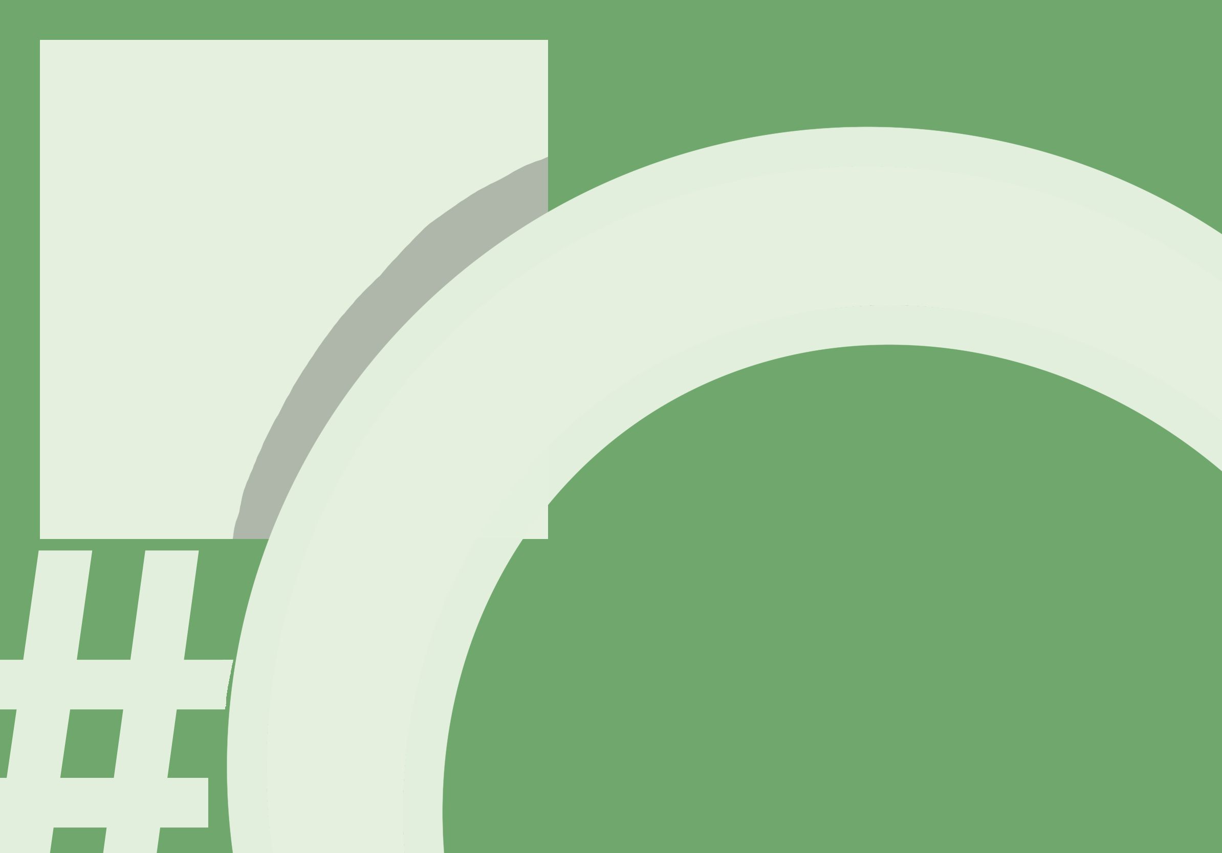Pale-green square, broad arc, and hash-like forms overlap on a green field