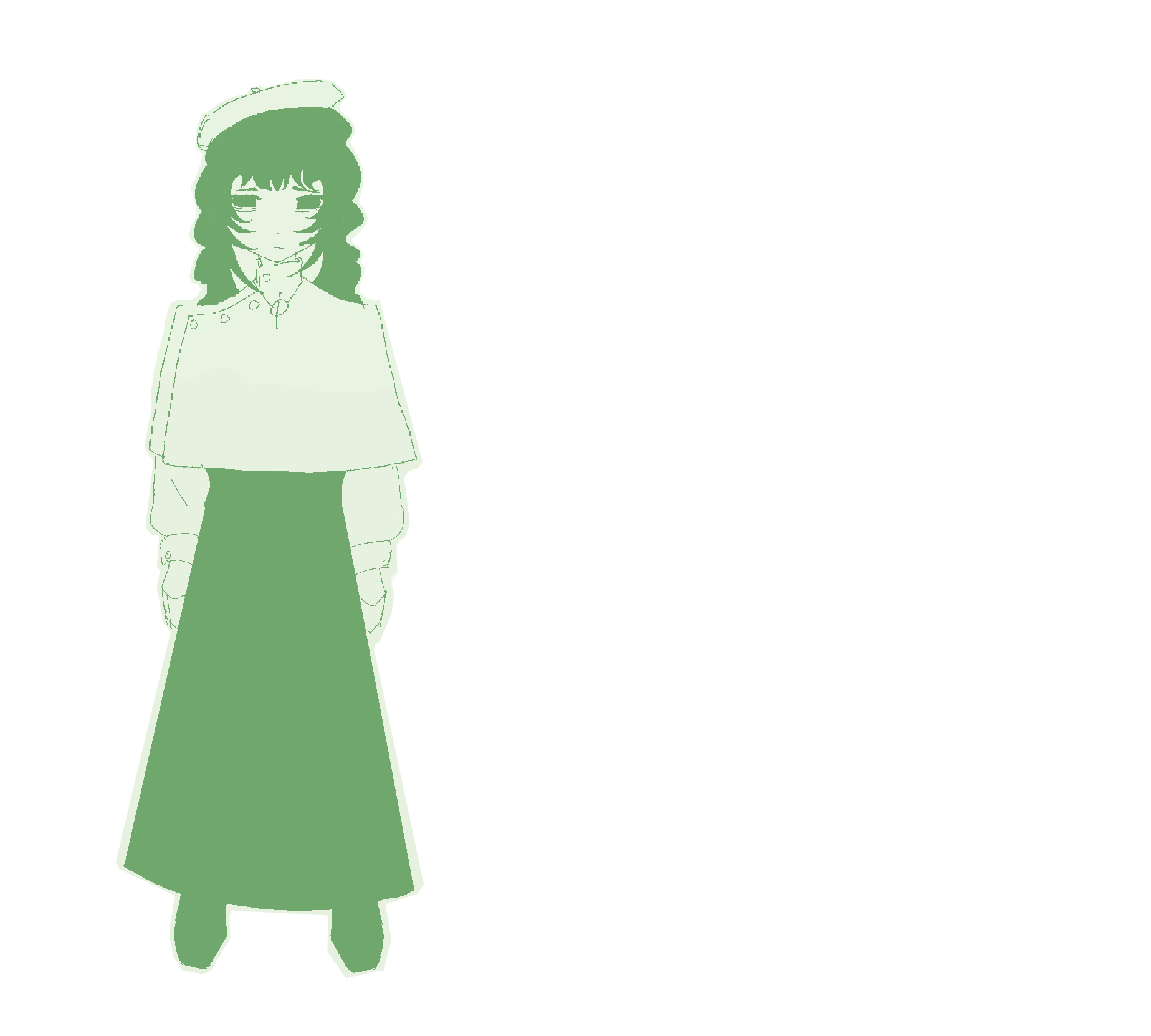 A full-length long-haired character drawn in pale and mid green stands on the left of a black field
