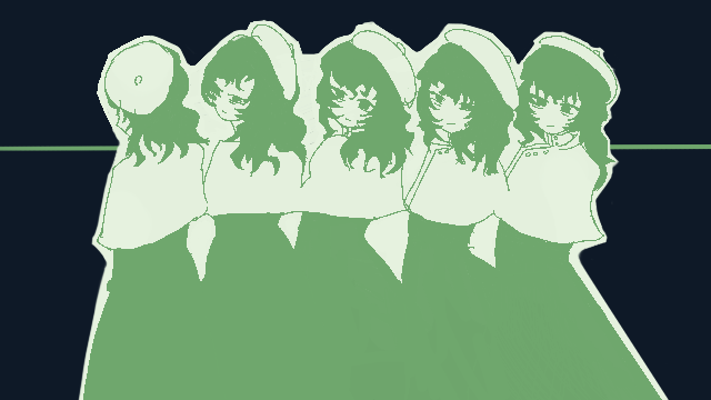 Five overlapping pale-green character views on a dark blue field show changes in head and body direction