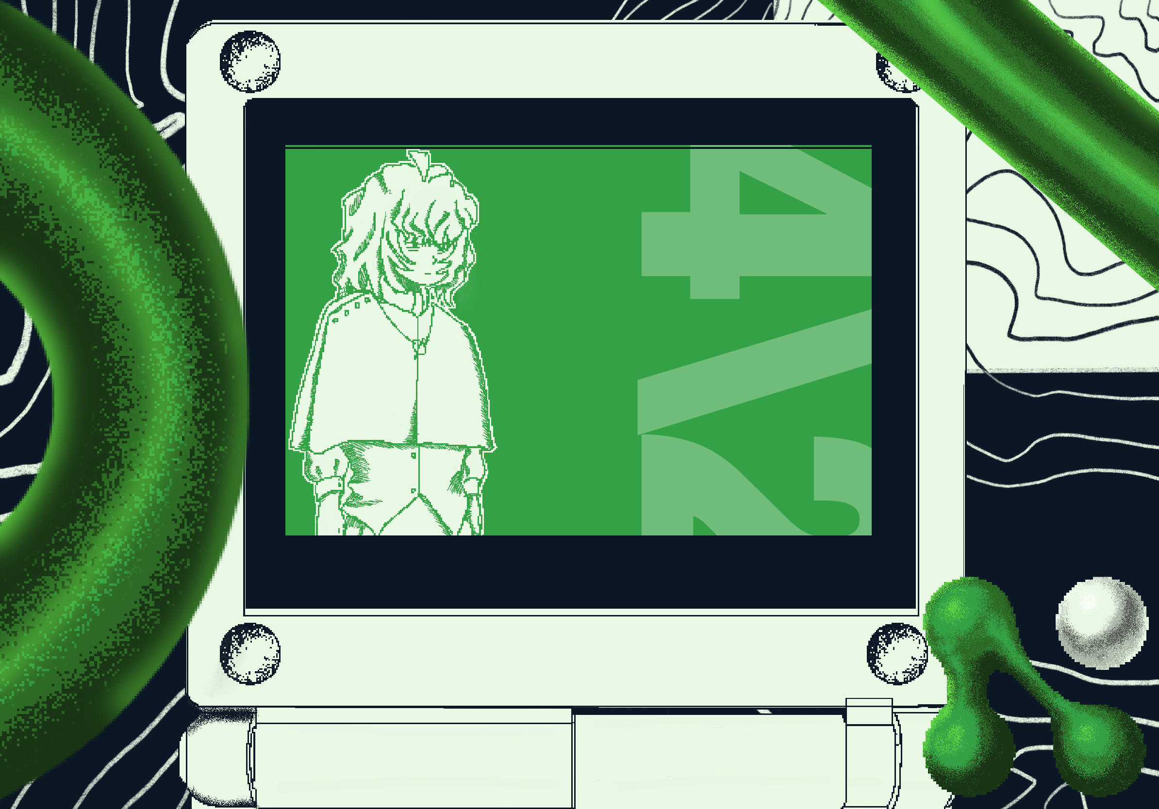 A pale-green monitor contains a green character and geometric graphics, surrounded by spheres and wave-like lines