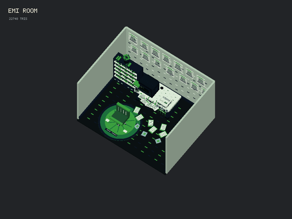 Isometric pixel-art room with a desk, bed, shelves, and acid-green lighting