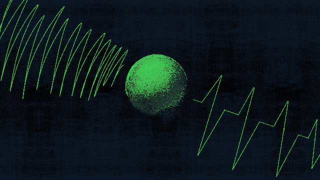 A grainy green sphere sits between repeated arcs and angular signal lines on a dark blue field